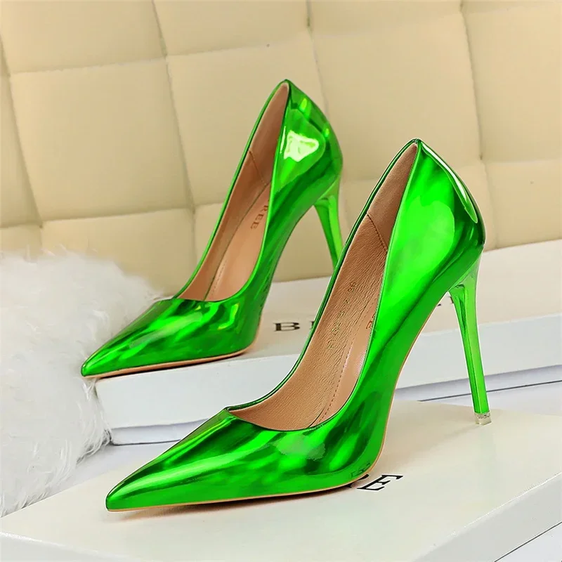 Plus Size Women Patent Leather 10.5cm High Heels Club Pumps Lady Luxury Shiny Stripper Stiletto Blue Green Wedding Dress Shoes