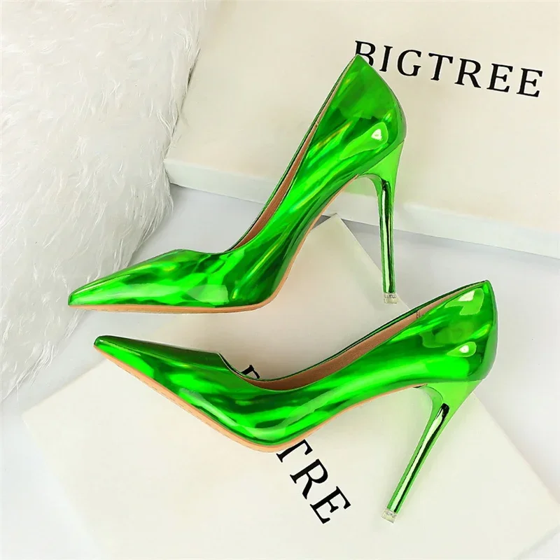 Plus Size Women Patent Leather 10.5cm High Heels Club Pumps Lady Luxury Shiny Stripper Stiletto Blue Green Wedding Dress Shoes