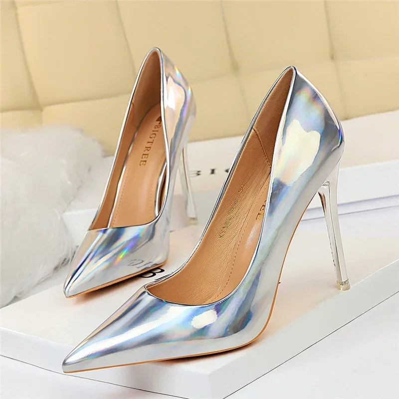 Plus Size Women Patent Leather 10.5cm High Heels Club Pumps Lady Luxury Shiny Stripper Stiletto Blue Green Wedding Dress Shoes