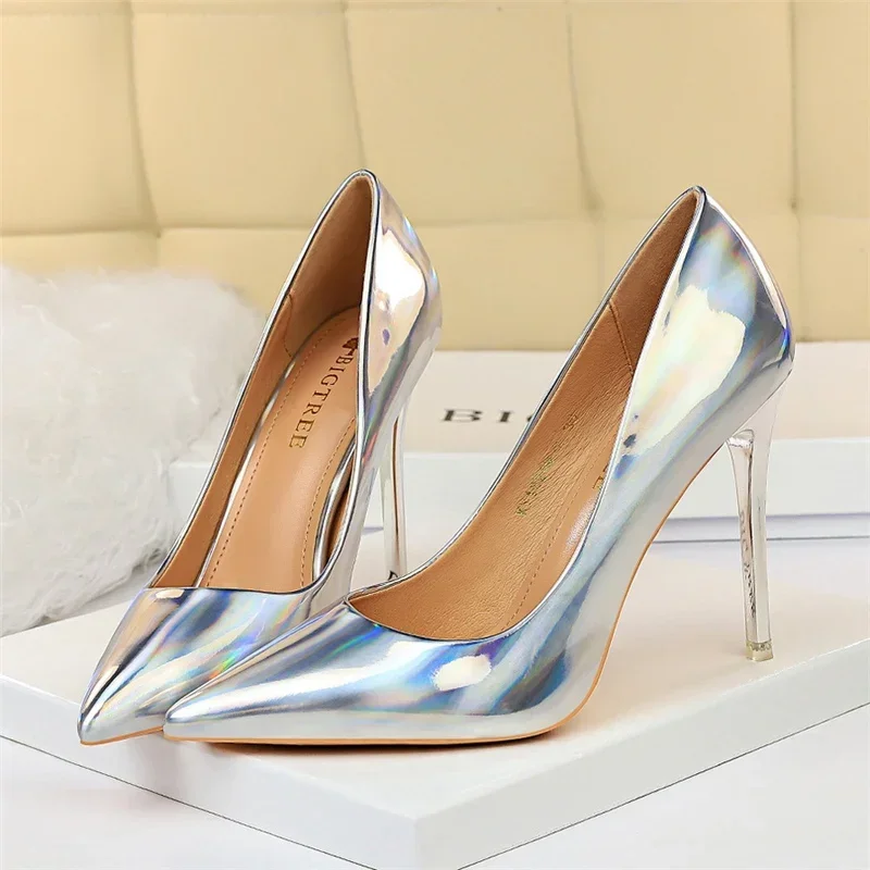 Plus Size Women Patent Leather 10.5cm High Heels Club Pumps Lady Luxury Shiny Stripper Stiletto Blue Green Wedding Dress Shoes