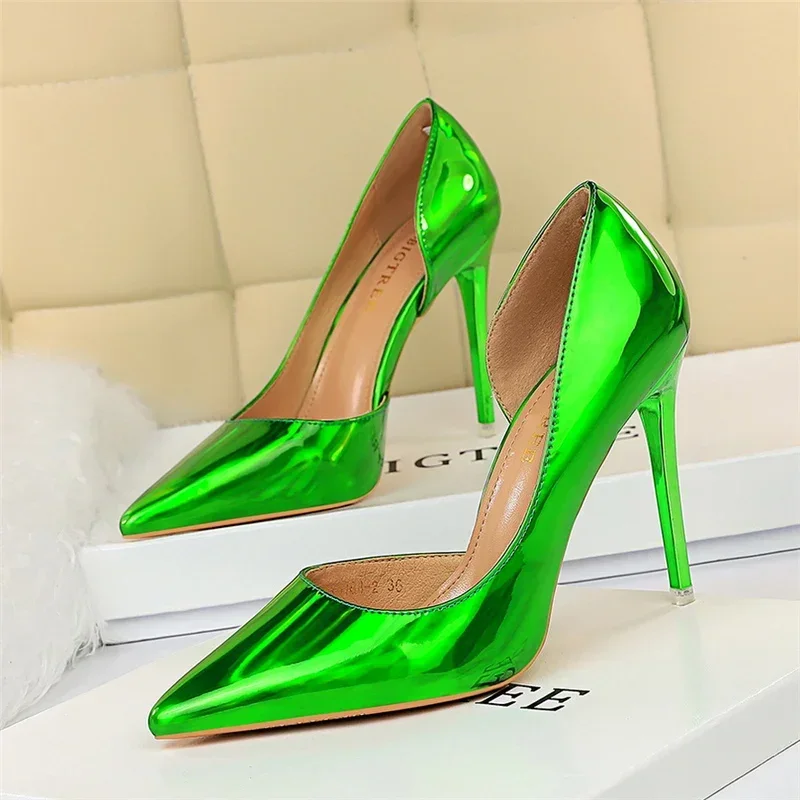 Plus Size Women Patent Leather 10.5cm High Heels Club Pumps Lady Luxury Shiny Stripper Stiletto Blue Green Wedding Dress Shoes