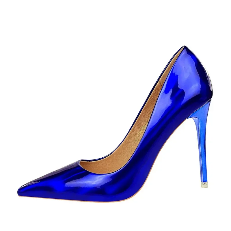 Plus Size Women Patent Leather 10.5cm High Heels Club Pumps Lady Luxury Shiny Stripper Stiletto Blue Green Wedding Dress Shoes