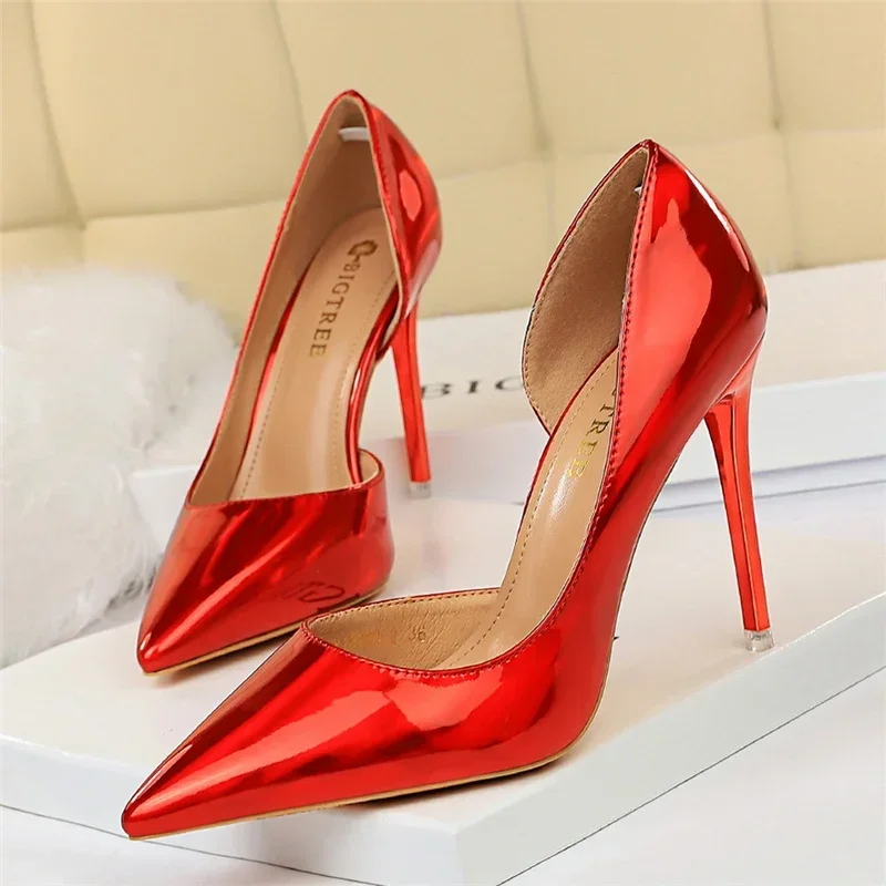 Plus Size Women Patent Leather 10.5cm High Heels Club Pumps Lady Luxury Shiny Stripper Stiletto Blue Green Wedding Dress Shoes