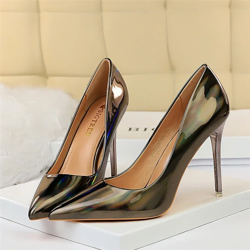 Plus Size Women Patent Leather 10.5cm High Heels Club Pumps Lady Luxury Shiny Stripper Stiletto Blue Green Wedding Dress Shoes