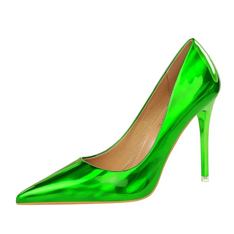 Plus Size Women Patent Leather 10.5cm High Heels Club Pumps Lady Luxury Shiny Stripper Stiletto Blue Green Wedding Dress Shoes