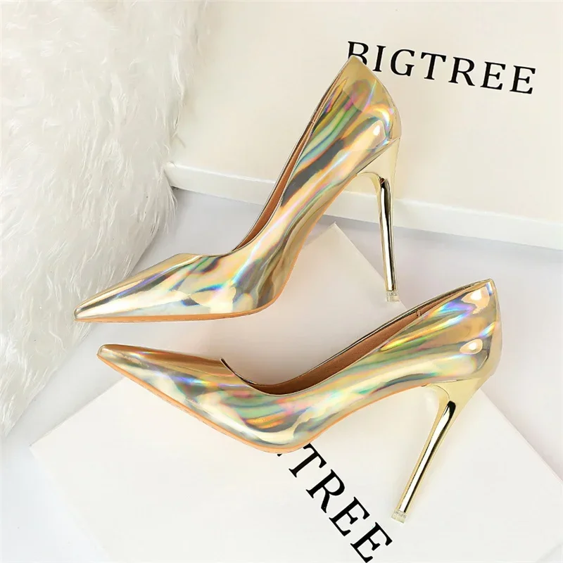 Plus Size Women Patent Leather 10.5cm High Heels Club Pumps Lady Luxury Shiny Stripper Stiletto Blue Green Wedding Dress Shoes