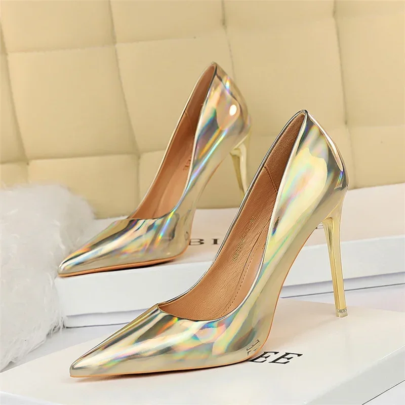 Plus Size Women Patent Leather 10.5cm High Heels Club Pumps Lady Luxury Shiny Stripper Stiletto Blue Green Wedding Dress Shoes