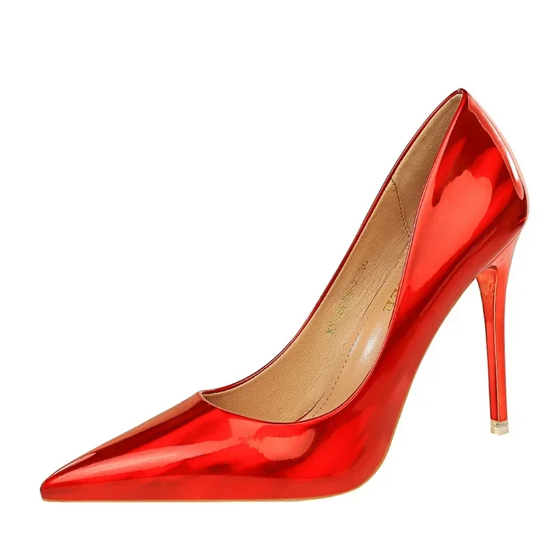 Plus Size Women Patent Leather 10.5cm High Heels Club Pumps Lady Luxury Shiny Stripper Stiletto Blue Green Wedding Dress Shoes