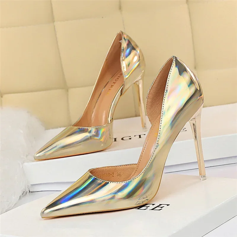 Plus Size Women Patent Leather 10.5cm High Heels Club Pumps Lady Luxury Shiny Stripper Stiletto Blue Green Wedding Dress Shoes