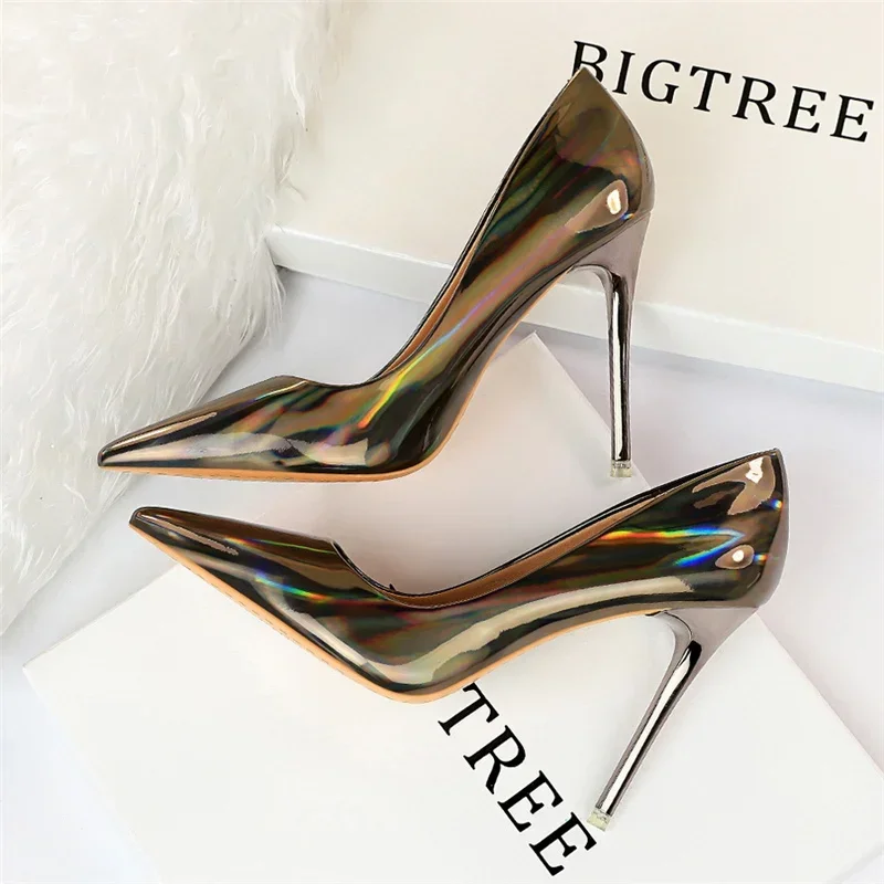Plus Size Women Patent Leather 10.5cm High Heels Club Pumps Lady Luxury Shiny Stripper Stiletto Blue Green Wedding Dress Shoes
