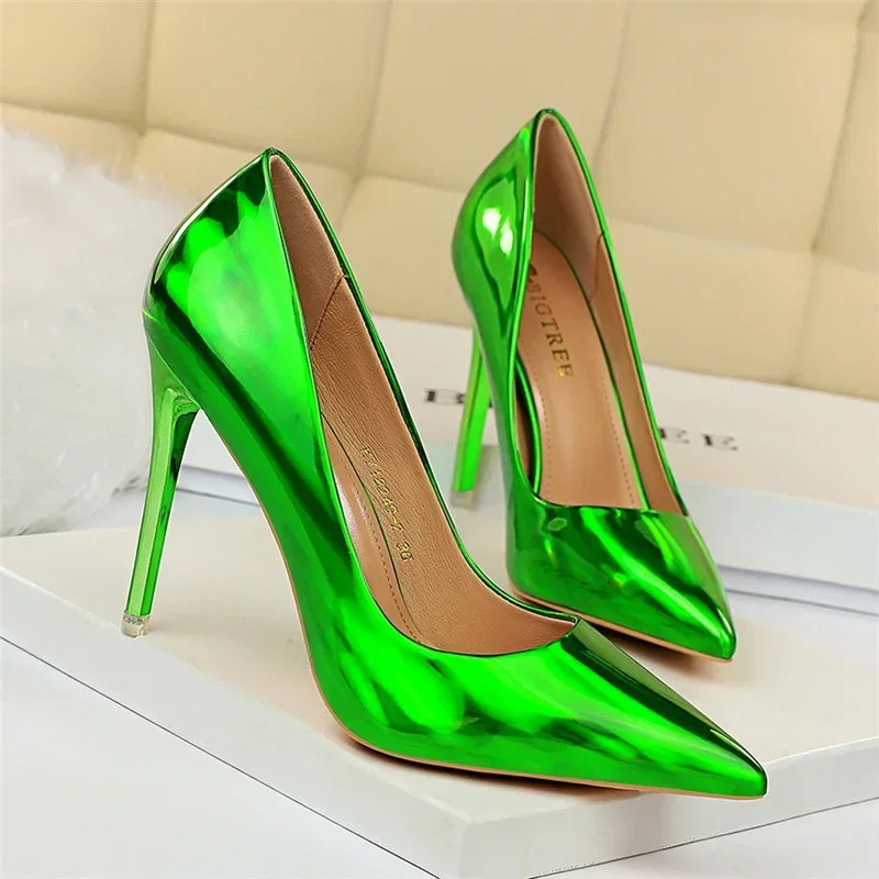 Plus Size Women Patent Leather 10.5cm High Heels Club Pumps Lady Luxury Shiny Stripper Stiletto Blue Green Wedding Dress Shoes
