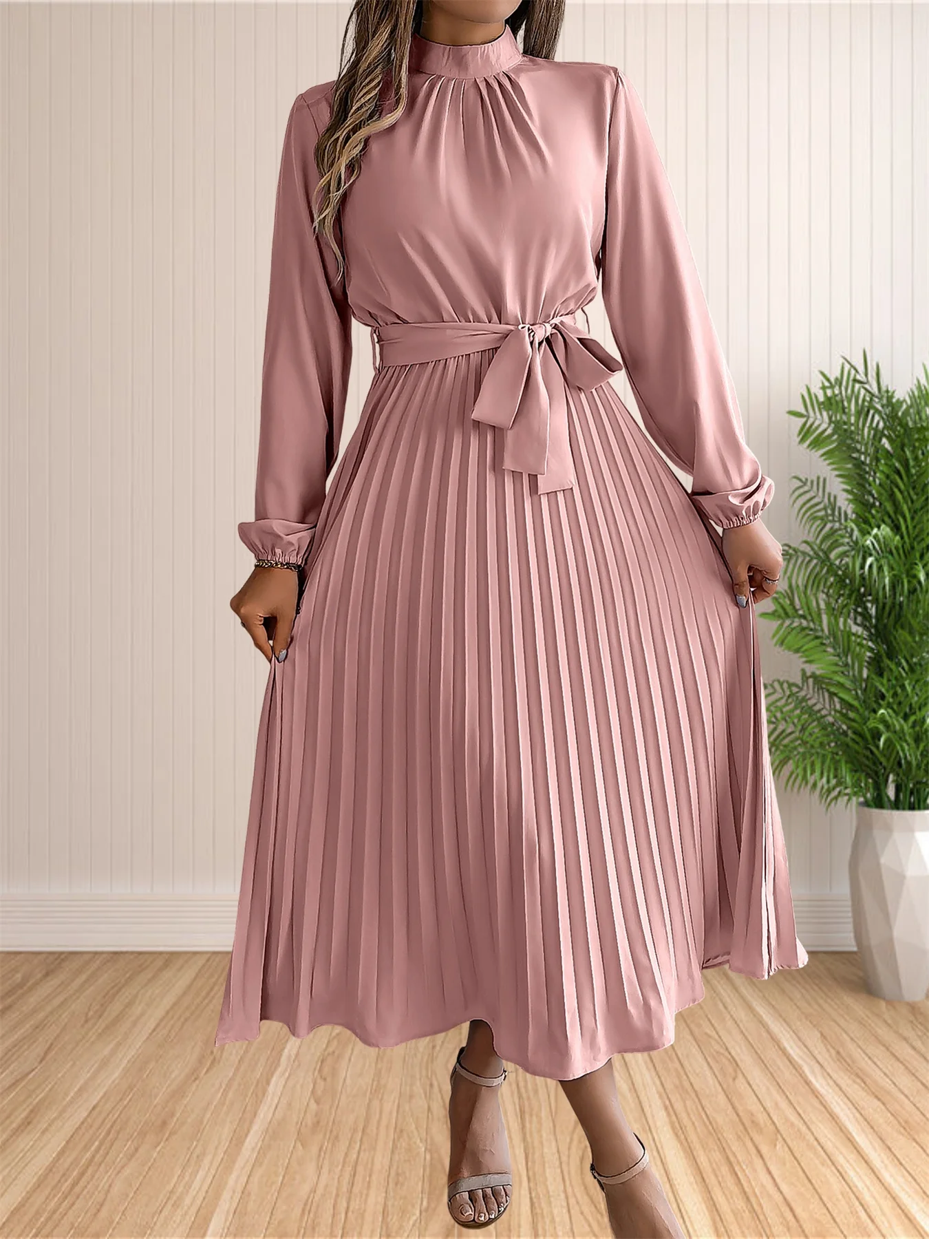 Women's Long Dresses Summer Elegant Pleated Long Sleeveed Lace Up Dresses Beach Boho Wrap Ruffle Hem Swing Sundress