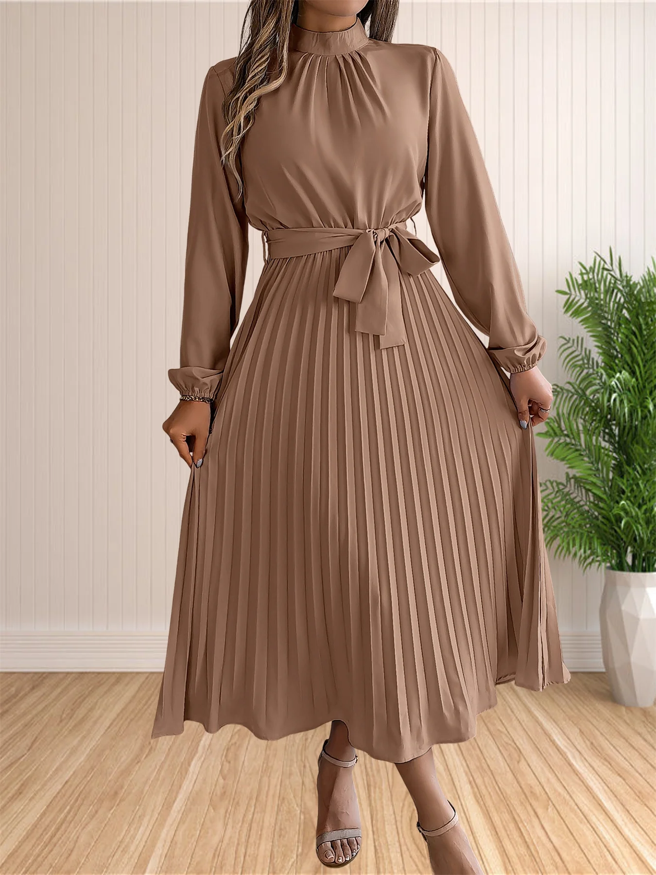 Women's Long Dresses Summer Elegant Pleated Long Sleeveed Lace Up Dresses Beach Boho Wrap Ruffle Hem Swing Sundress