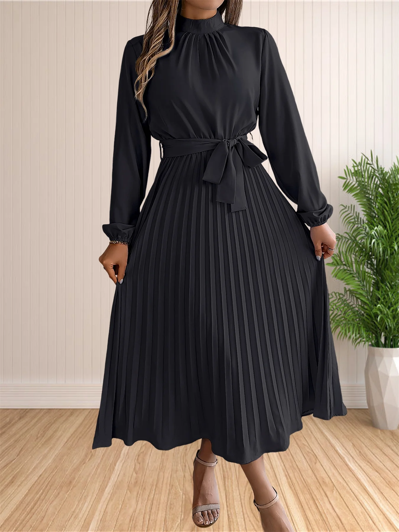 Women's Long Dresses Summer Elegant Pleated Long Sleeveed Lace Up Dresses Beach Boho Wrap Ruffle Hem Swing Sundress