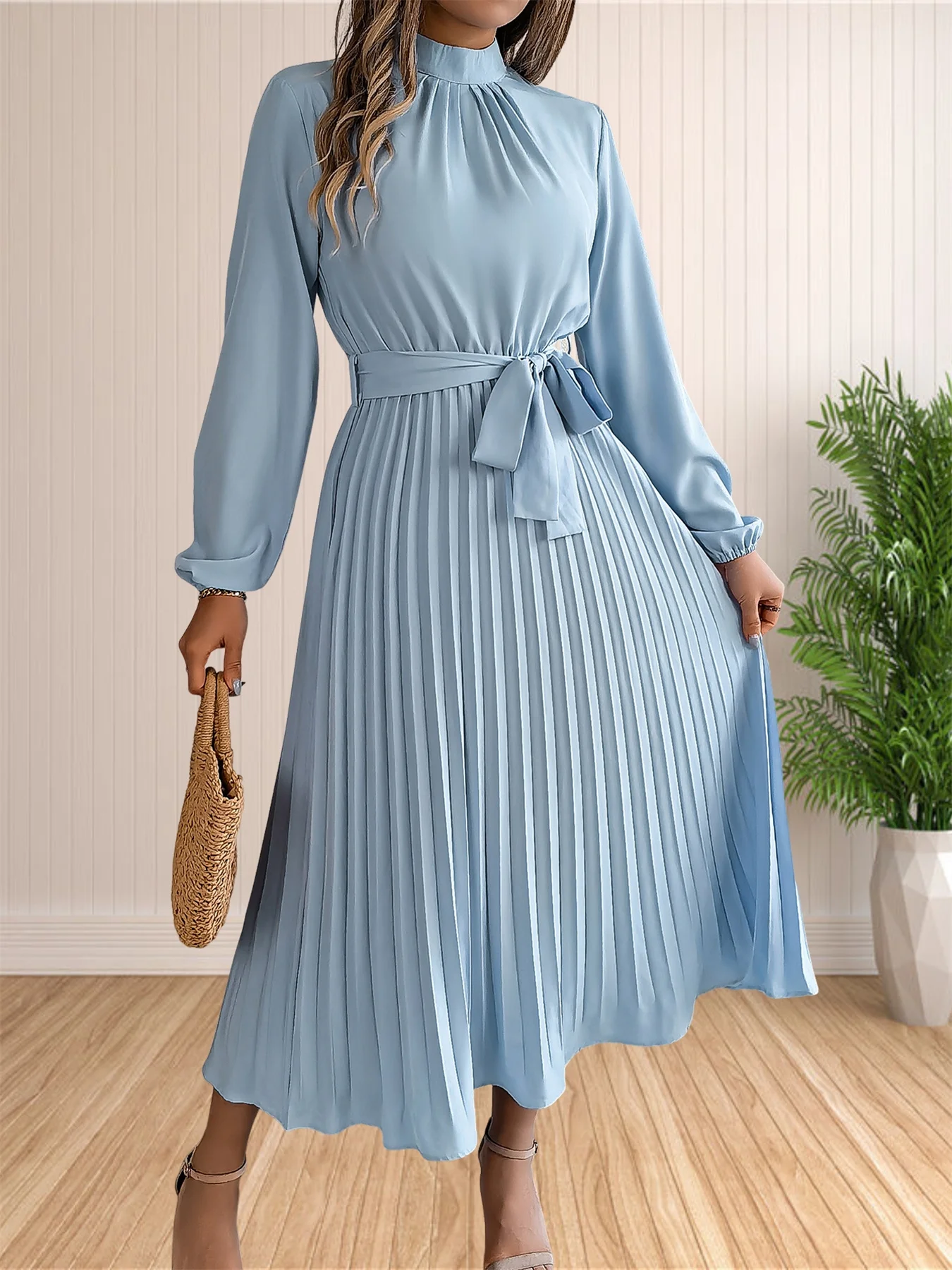 Women's Long Dresses Summer Elegant Pleated Long Sleeveed Lace Up Dresses Beach Boho Wrap Ruffle Hem Swing Sundress