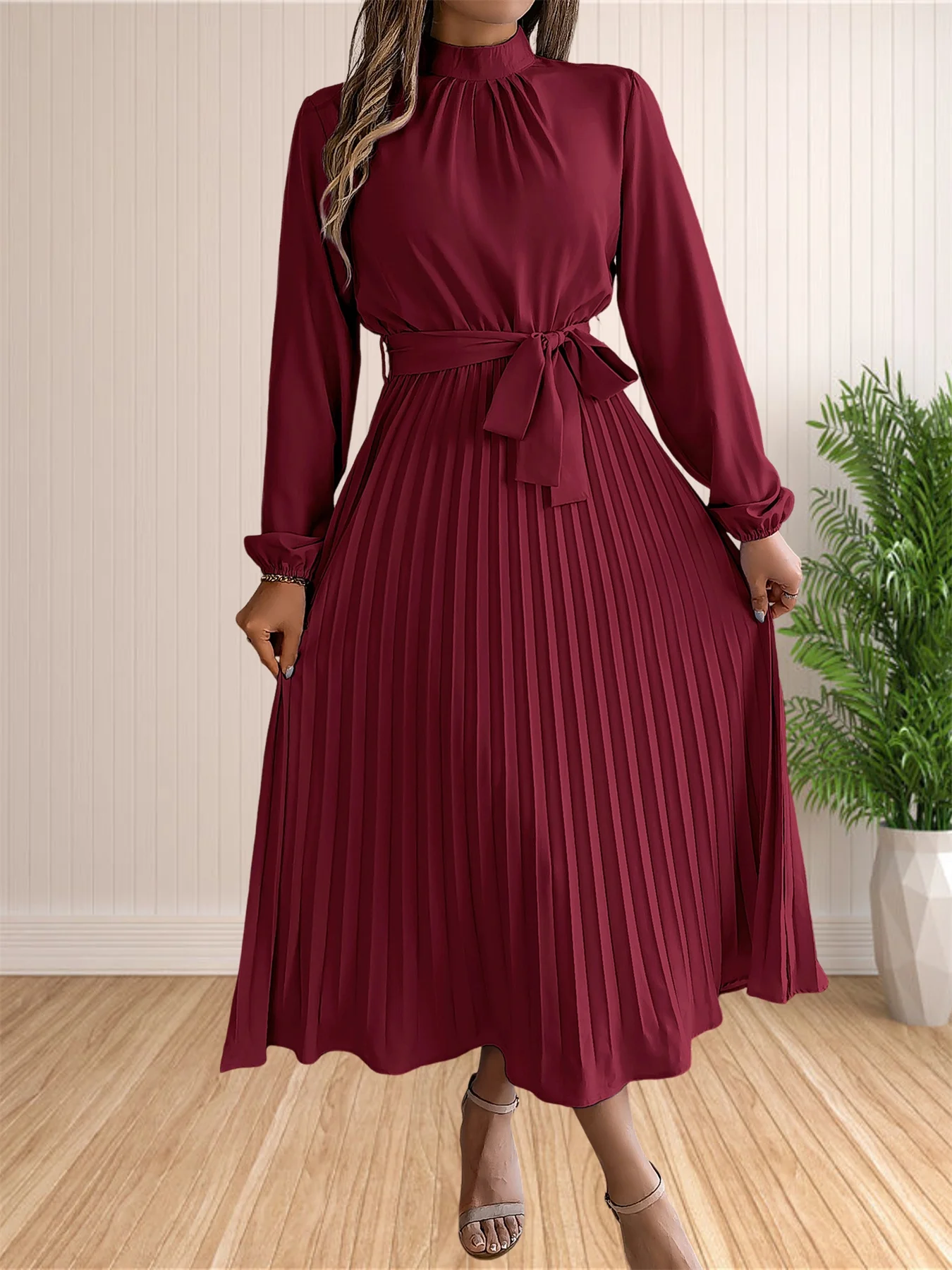 Women's Long Dresses Summer Elegant Pleated Long Sleeveed Lace Up Dresses Beach Boho Wrap Ruffle Hem Swing Sundress