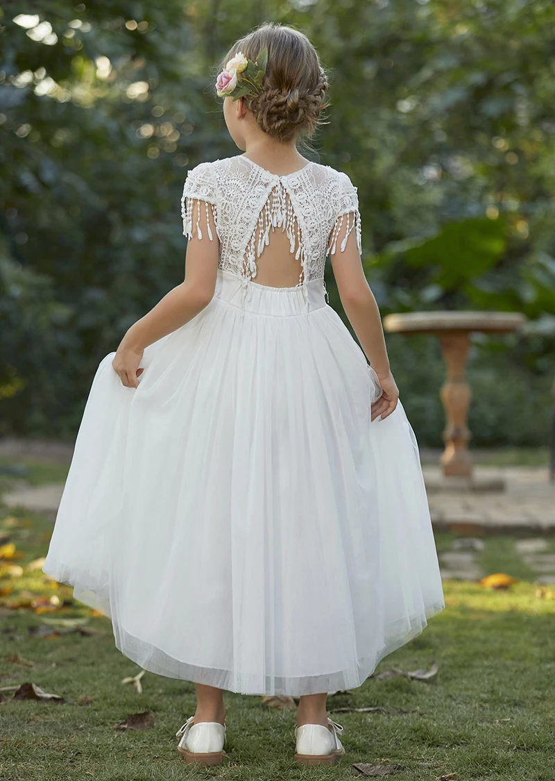 Christmas Girl's New Bohemian Style Lace Tassel Flower Backless Solid Color Fashionable and Atmospheric Gathering Mesh Dress