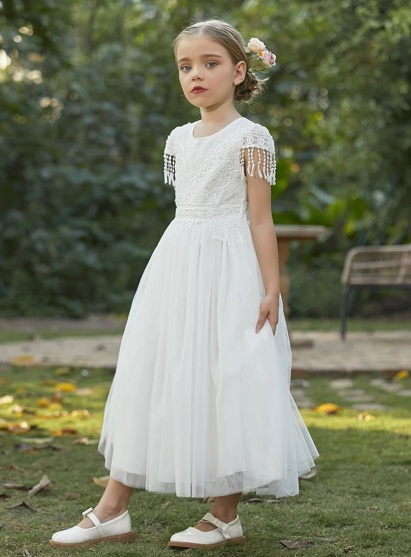 Christmas Girl's New Bohemian Style Lace Tassel Flower Backless Solid Color Fashionable and Atmospheric Gathering Mesh Dress