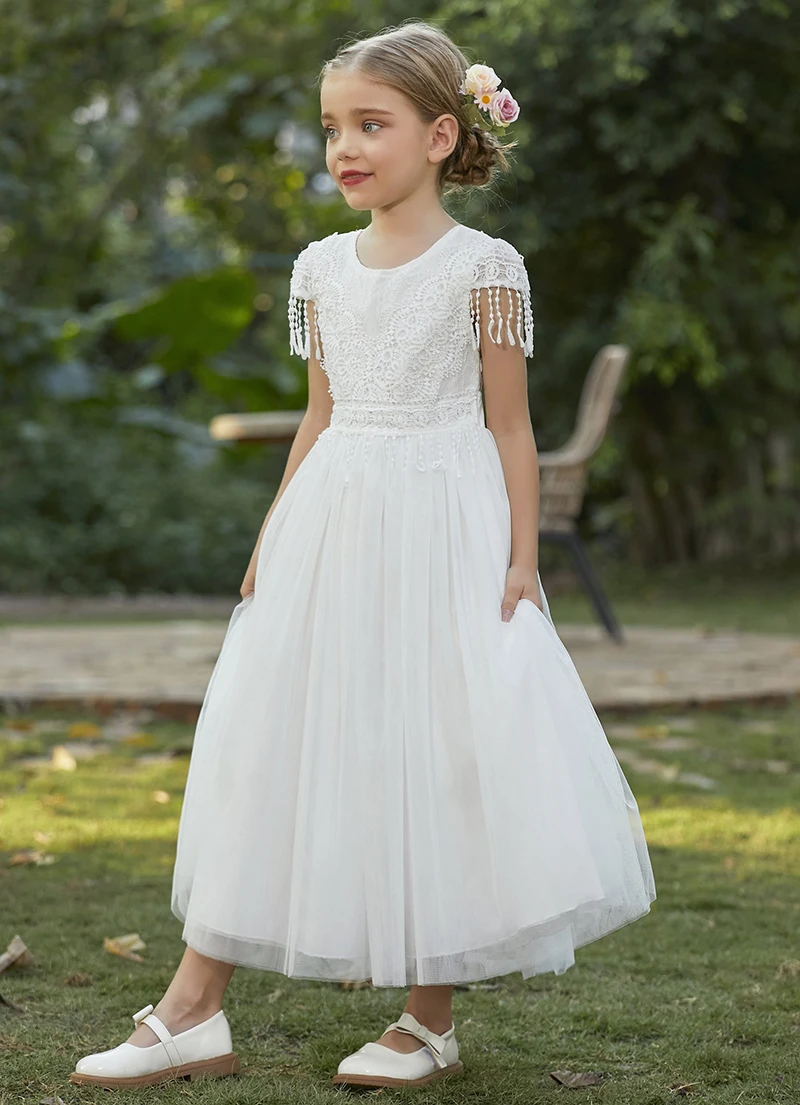 Christmas Girl's New Bohemian Style Lace Tassel Flower Backless Solid Color Fashionable and Atmospheric Gathering Mesh Dress