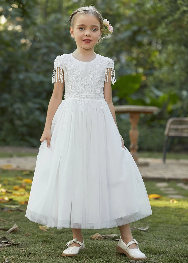 Christmas Girl's New Bohemian Style Lace Tassel Flower Backless Solid Color Fashionable and Atmospheric Gathering Mesh Dress