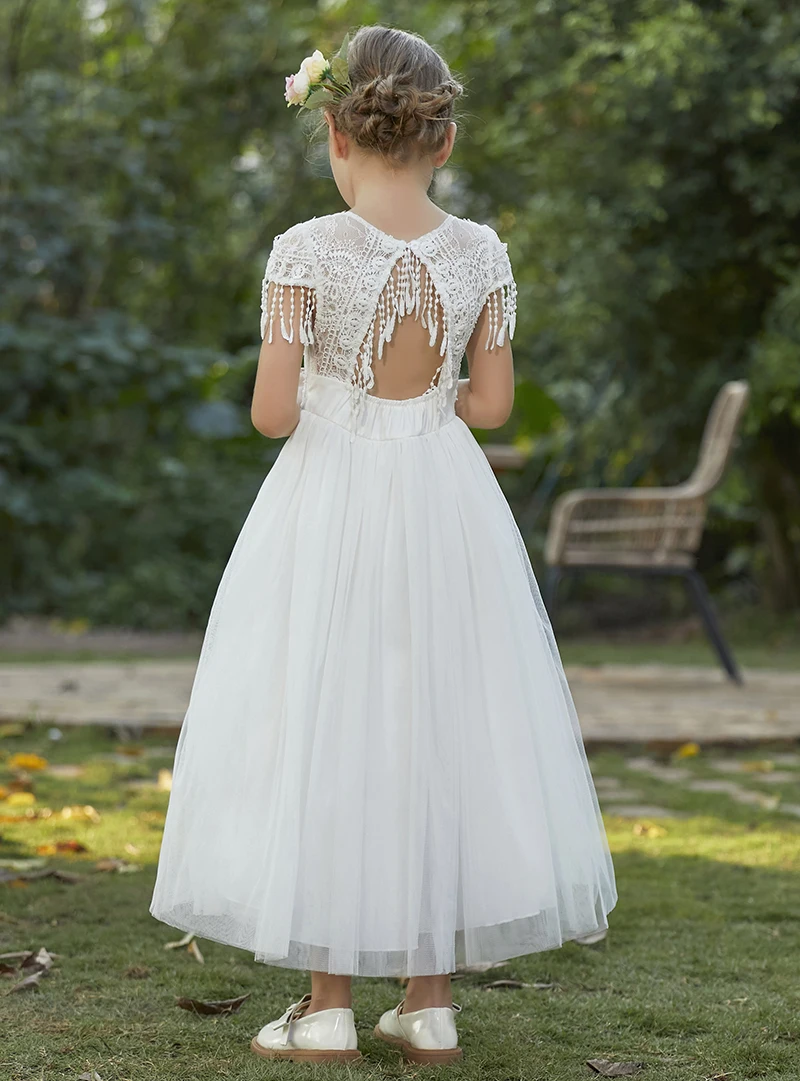 Christmas Girl's New Bohemian Style Lace Tassel Flower Backless Solid Color Fashionable and Atmospheric Gathering Mesh Dress