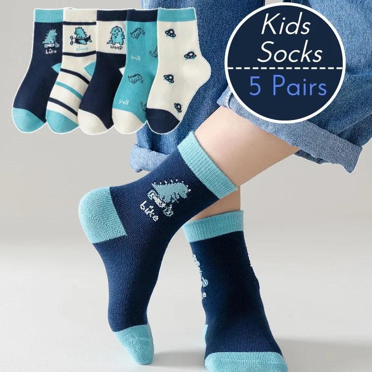 LDino 5 Pairs Boys Socks Autumn Cotton Socks Baby Dino Socks Child 1-14T Kids Cartoon Cars Pattern Sport Sock