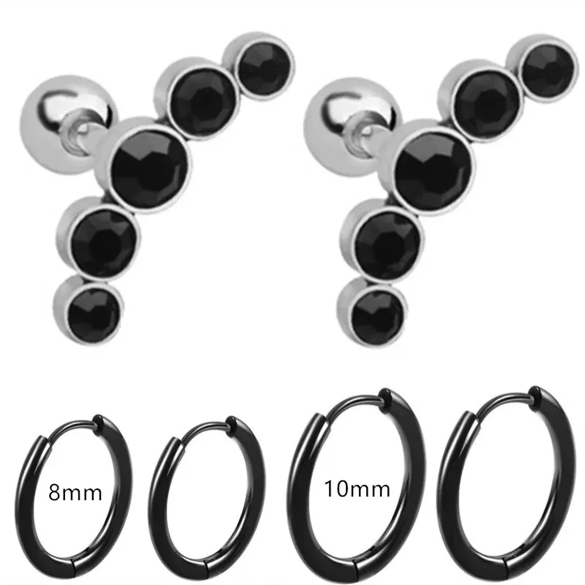 EVISPOL 6Pcs Fashion Stainless Steel Colorful Crystal Tragus Stud Earrings Set Helix Cartilage Huggie Hoops Ear Piercing Jewelry