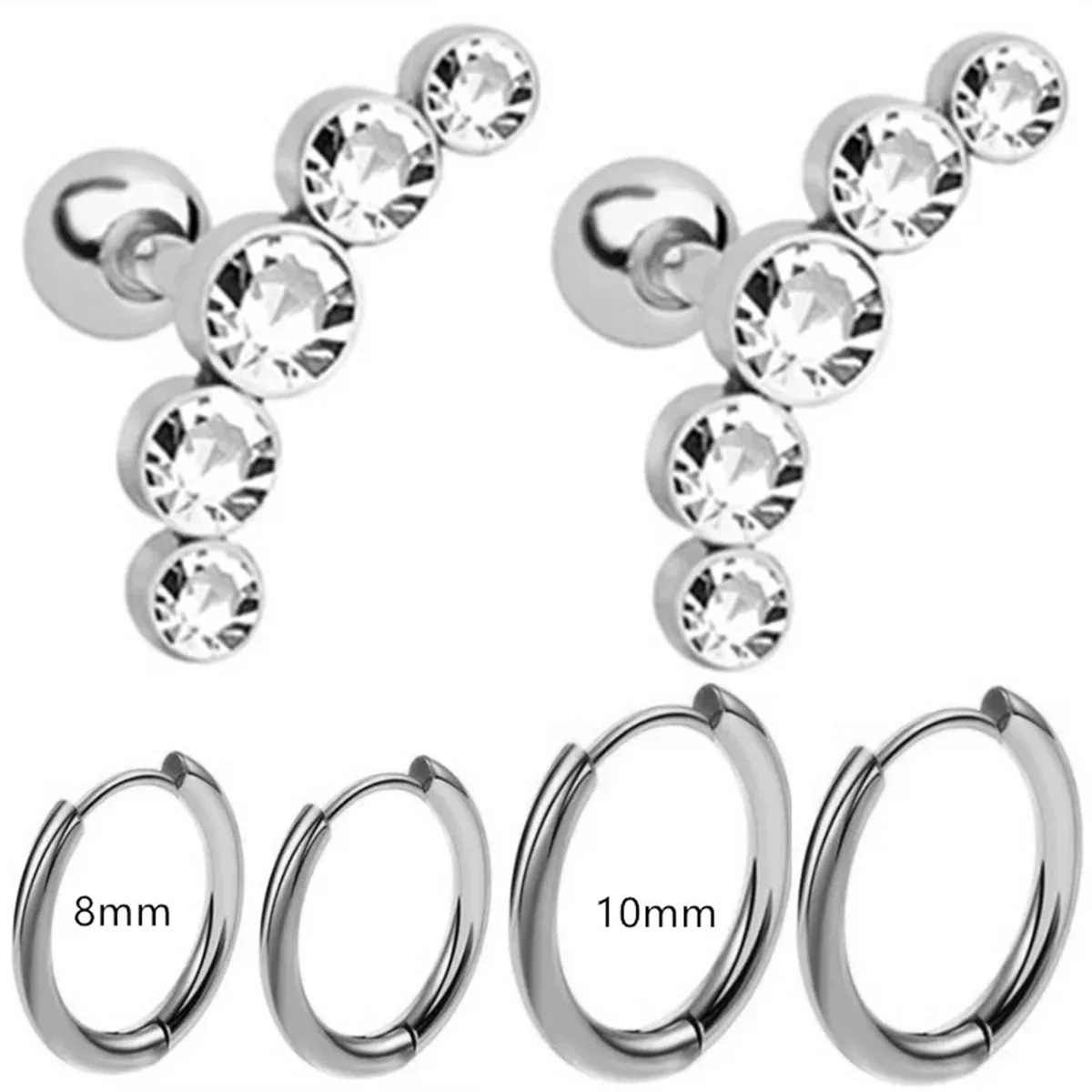 EVISPOL 6Pcs Fashion Stainless Steel Colorful Crystal Tragus Stud Earrings Set Helix Cartilage Huggie Hoops Ear Piercing Jewelry