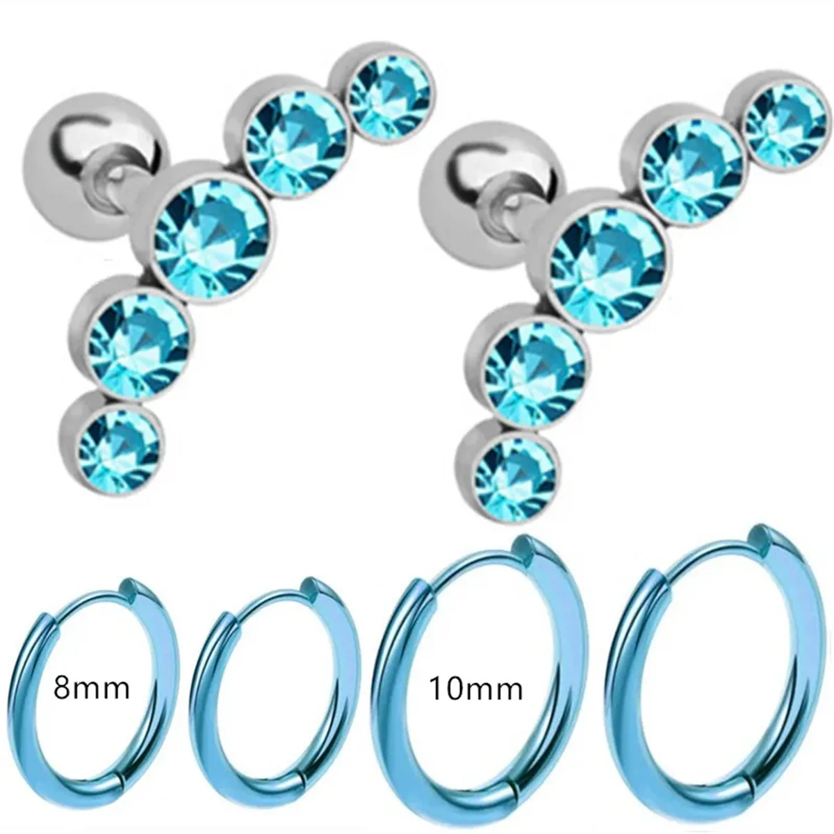 EVISPOL 6Pcs Fashion Stainless Steel Colorful Crystal Tragus Stud Earrings Set Helix Cartilage Huggie Hoops Ear Piercing Jewelry