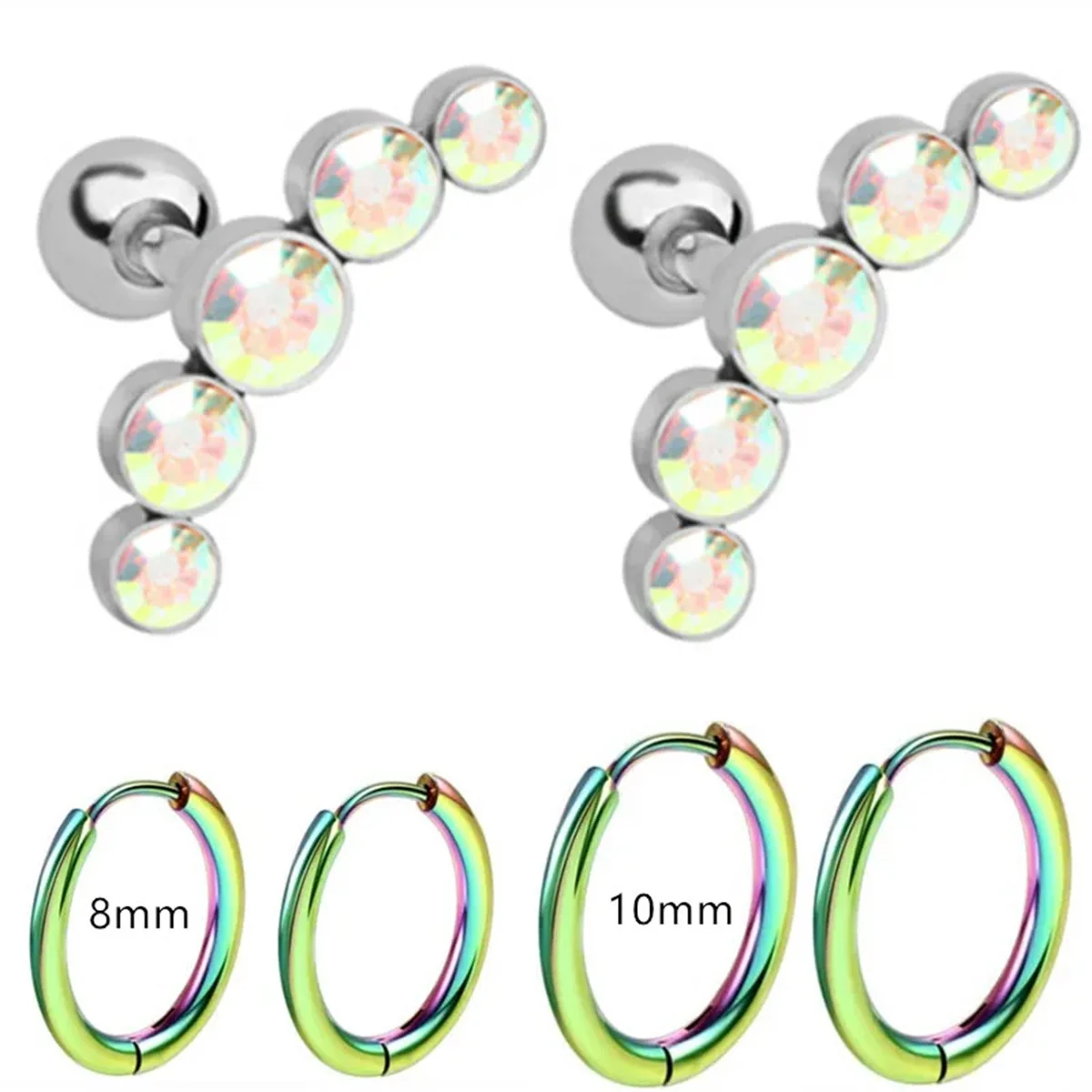 EVISPOL 6Pcs Fashion Stainless Steel Colorful Crystal Tragus Stud Earrings Set Helix Cartilage Huggie Hoops Ear Piercing Jewelry
