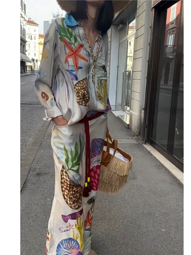 Bohemia Satin Print Loose Two Piece Sets Women Causal Long Sleeve Shirts+Long Wide Leg Pants Female Beach Summer Outfits