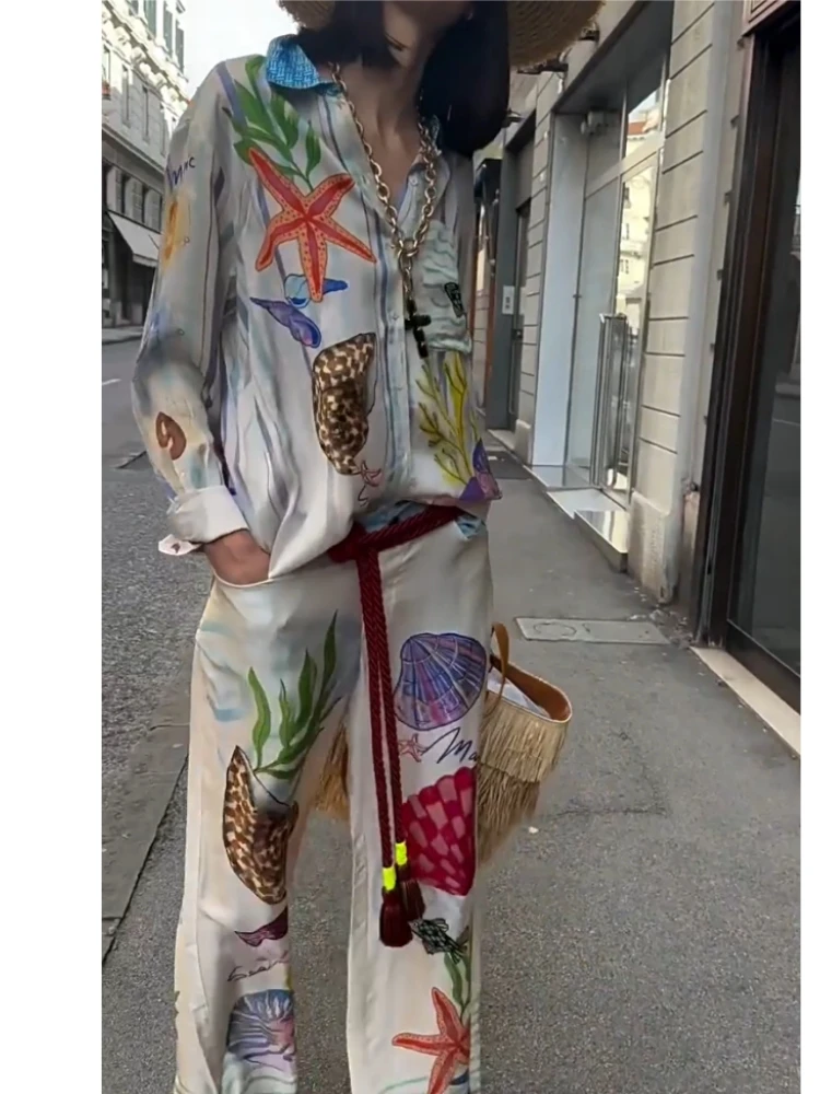 Bohemia Satin Print Loose Two Piece Sets Women Causal Long Sleeve Shirts+Long Wide Leg Pants Female Beach Summer Outfits