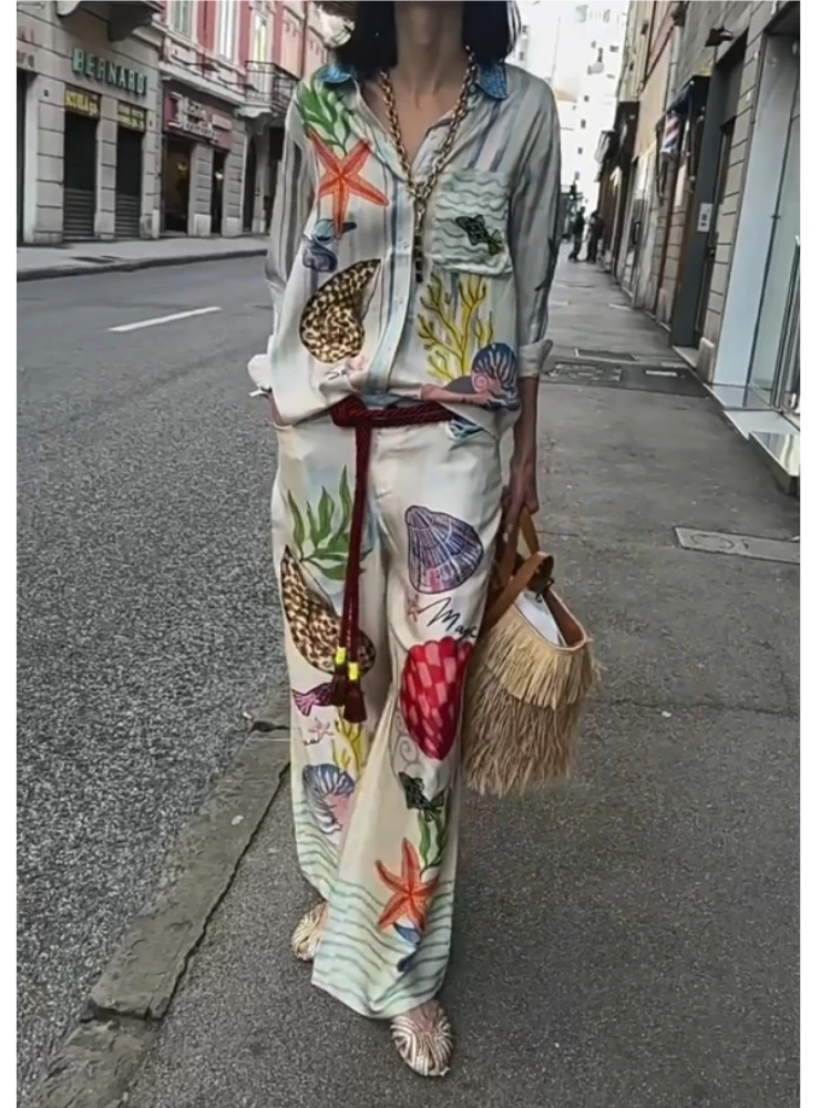 Bohemia Satin Print Loose Two Piece Sets Women Causal Long Sleeve Shirts+Long Wide Leg Pants Female Beach Summer Outfits