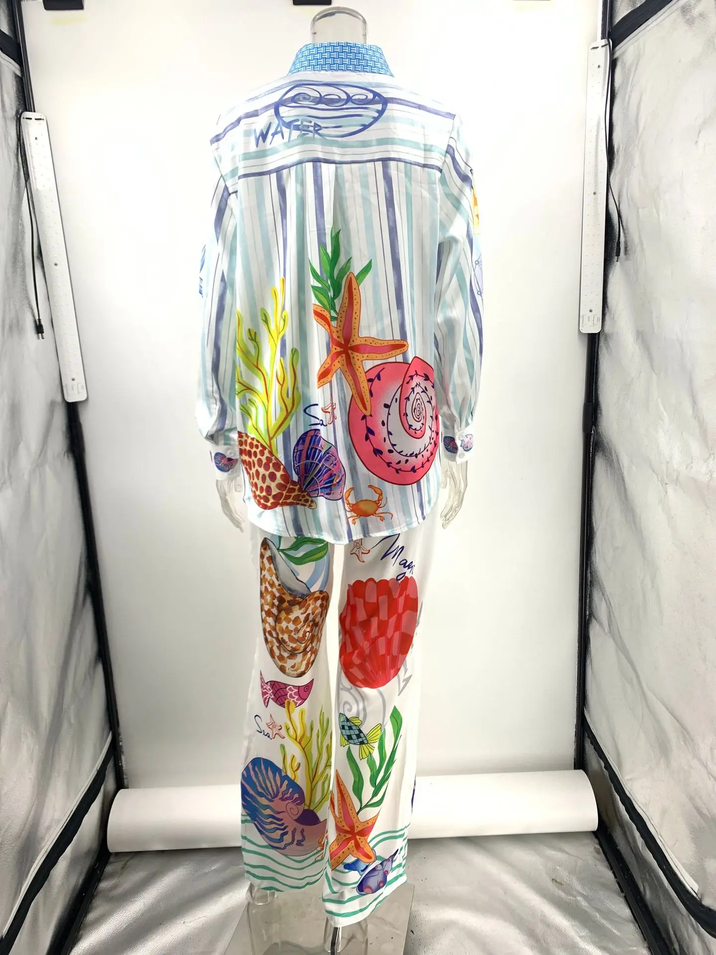 Bohemia Satin Print Loose Two Piece Sets Women Causal Long Sleeve Shirts+Long Wide Leg Pants Female Beach Summer Outfits