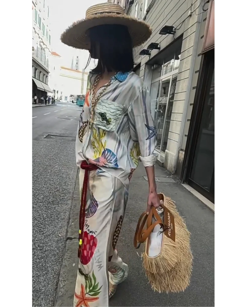 Bohemia Satin Print Loose Two Piece Sets Women Causal Long Sleeve Shirts+Long Wide Leg Pants Female Beach Summer Outfits