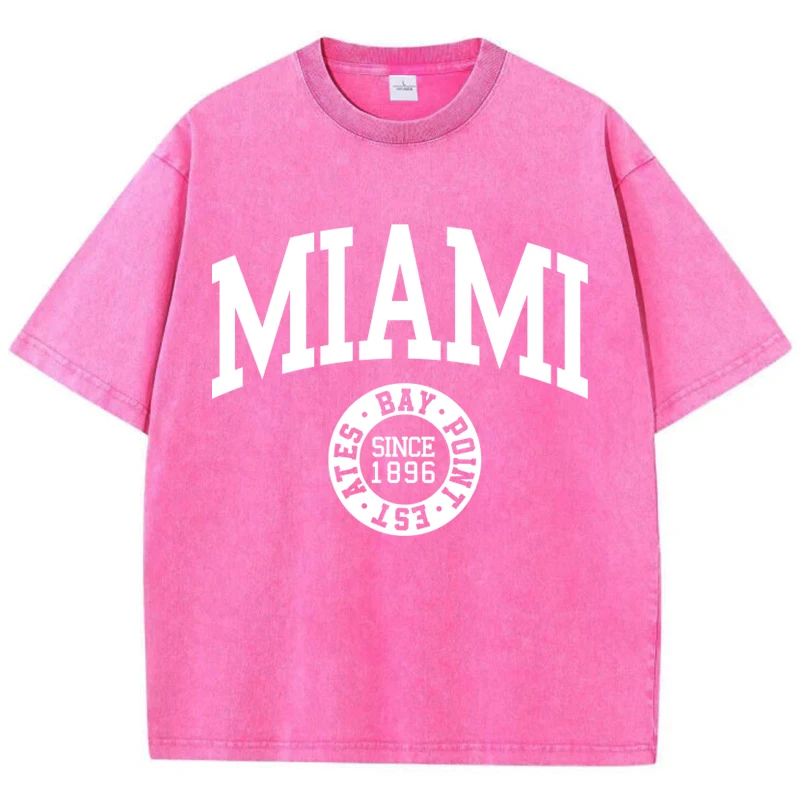 Women'S Cotton Washed T-Shirts Trend O-Neck Distressed Tee Shirts Miami Usa Printed Short Sleeve Summer Street Female Clothes