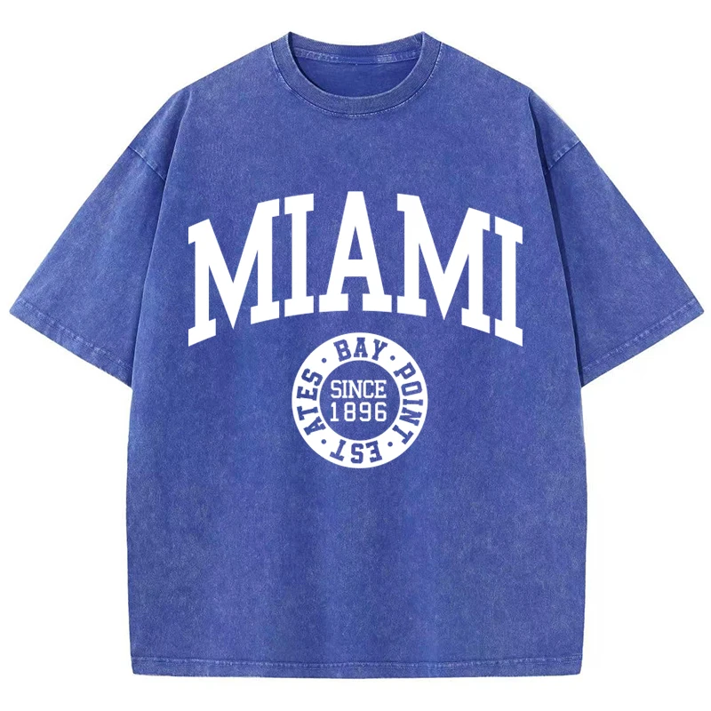 Women'S Cotton Washed T-Shirts Trend O-Neck Distressed Tee Shirts Miami Usa Printed Short Sleeve Summer Street Female Clothes