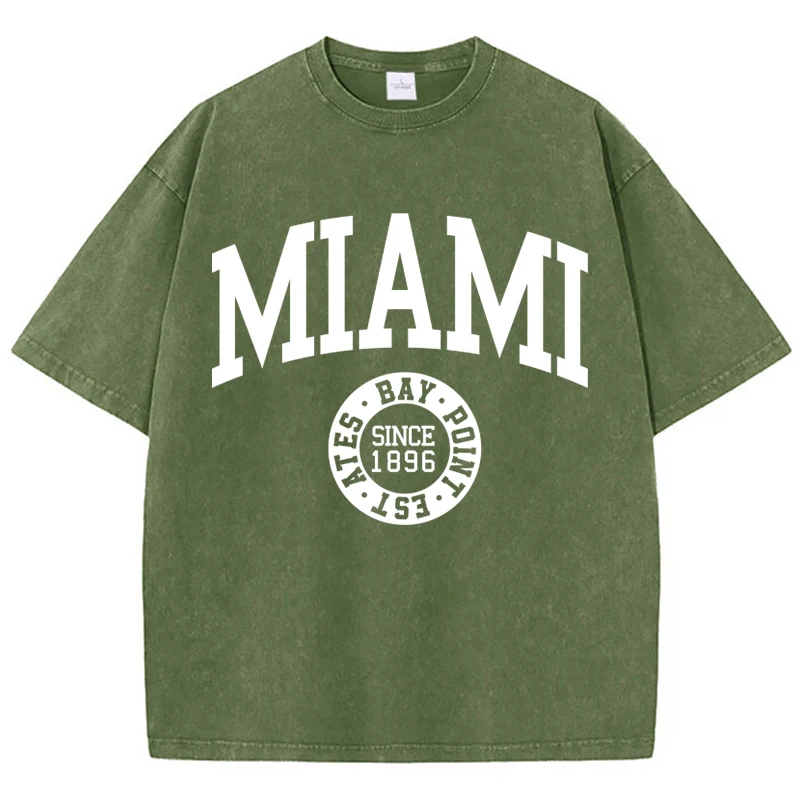 Women'S Cotton Washed T-Shirts Trend O-Neck Distressed Tee Shirts Miami Usa Printed Short Sleeve Summer Street Female Clothes