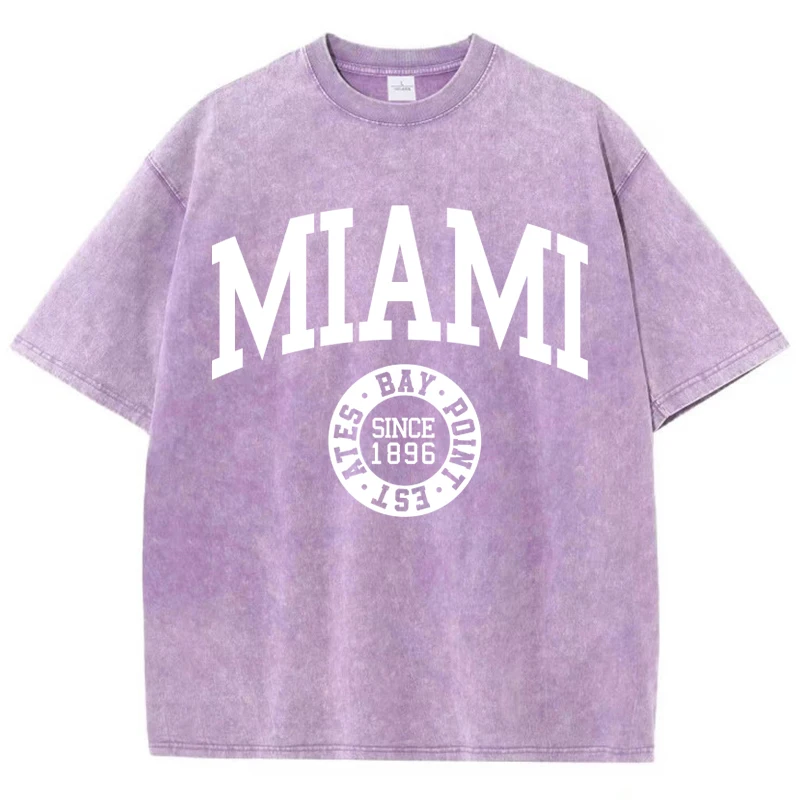Women'S Cotton Washed T-Shirts Trend O-Neck Distressed Tee Shirts Miami Usa Printed Short Sleeve Summer Street Female Clothes