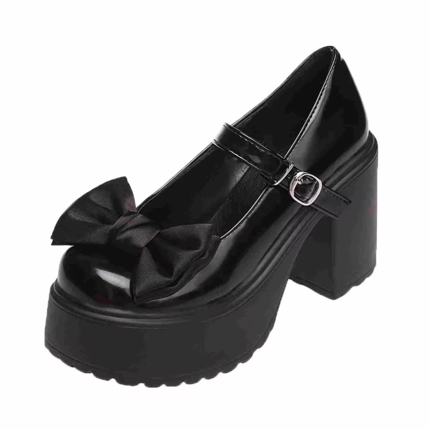 Summer and Autumn Fashion New Solid Color Bowknot Popular Thick-soled Buckle Round Toe High-heeled Shoes for Women