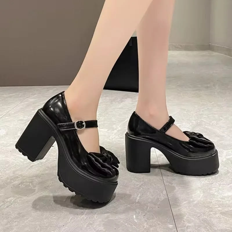 Summer and Autumn Fashion New Solid Color Bowknot Popular Thick-soled Buckle Round Toe High-heeled Shoes for Women