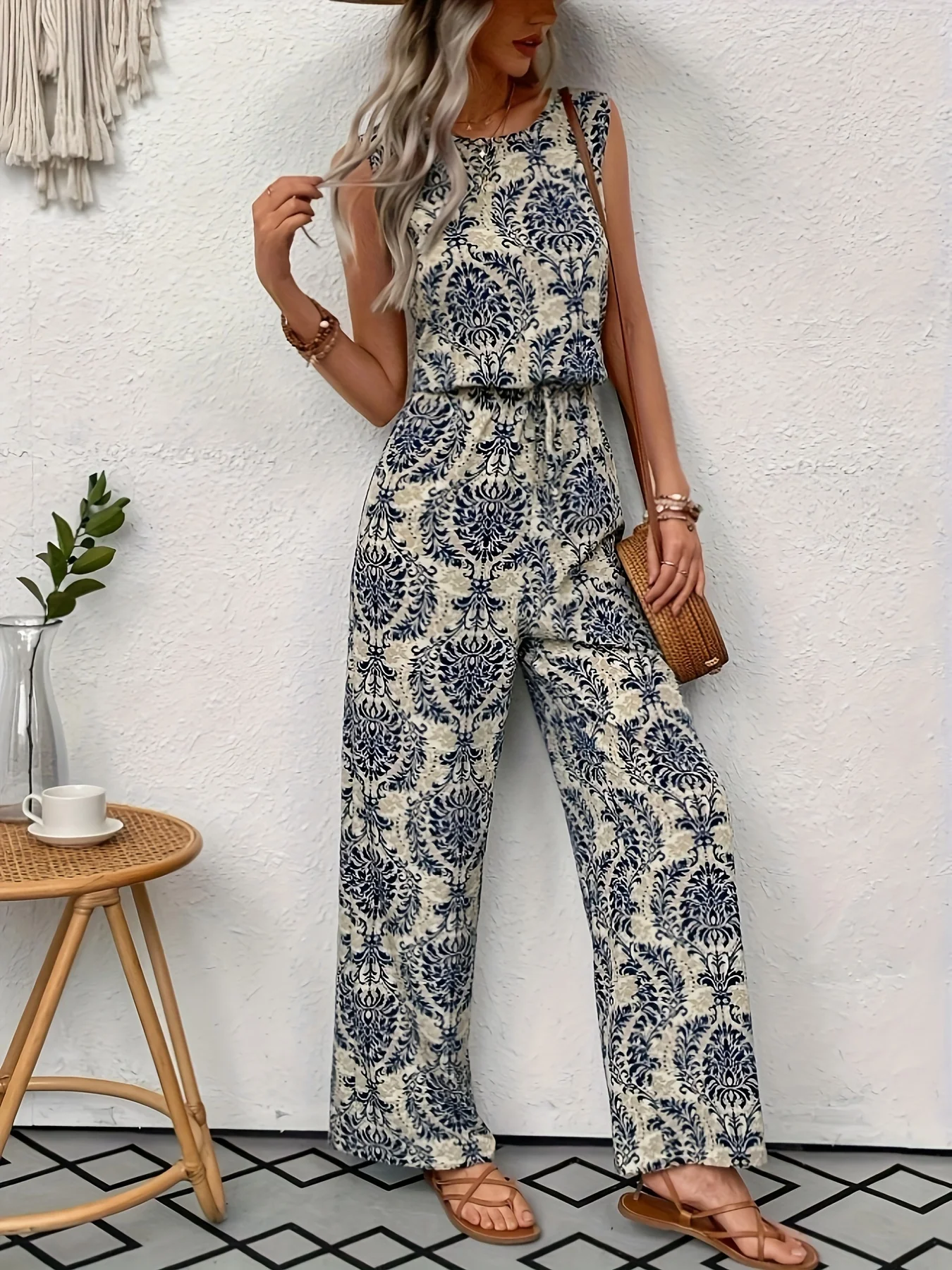 New Elegant Summer Women's Casual Office Lady Tank Jumpsuits Paisley Pattern Sleeveless Wide Legs Loose Vacation Jumpsuit