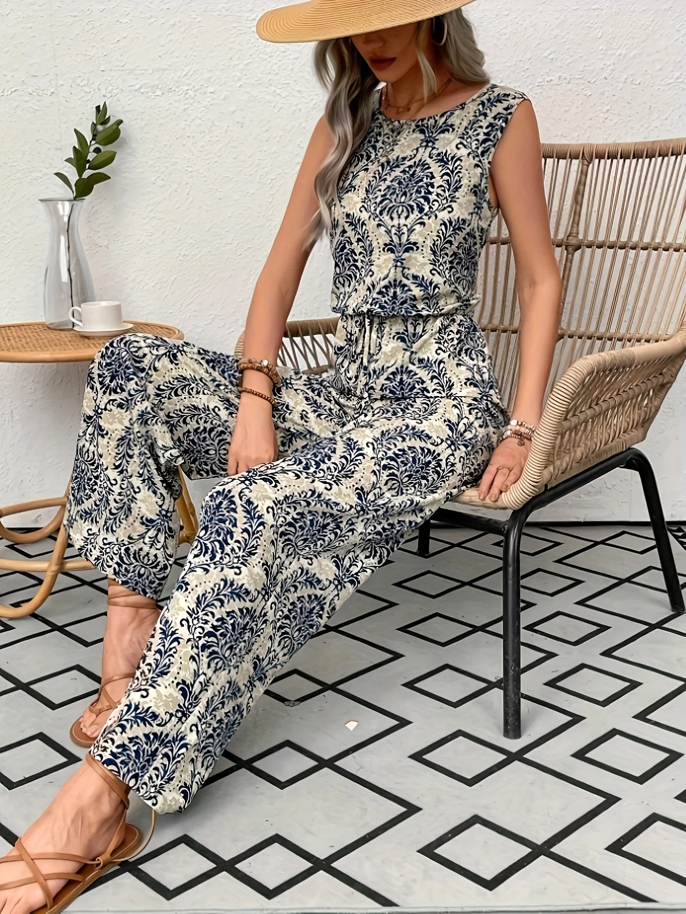 New Elegant Summer Women's Casual Office Lady Tank Jumpsuits Paisley Pattern Sleeveless Wide Legs Loose Vacation Jumpsuit