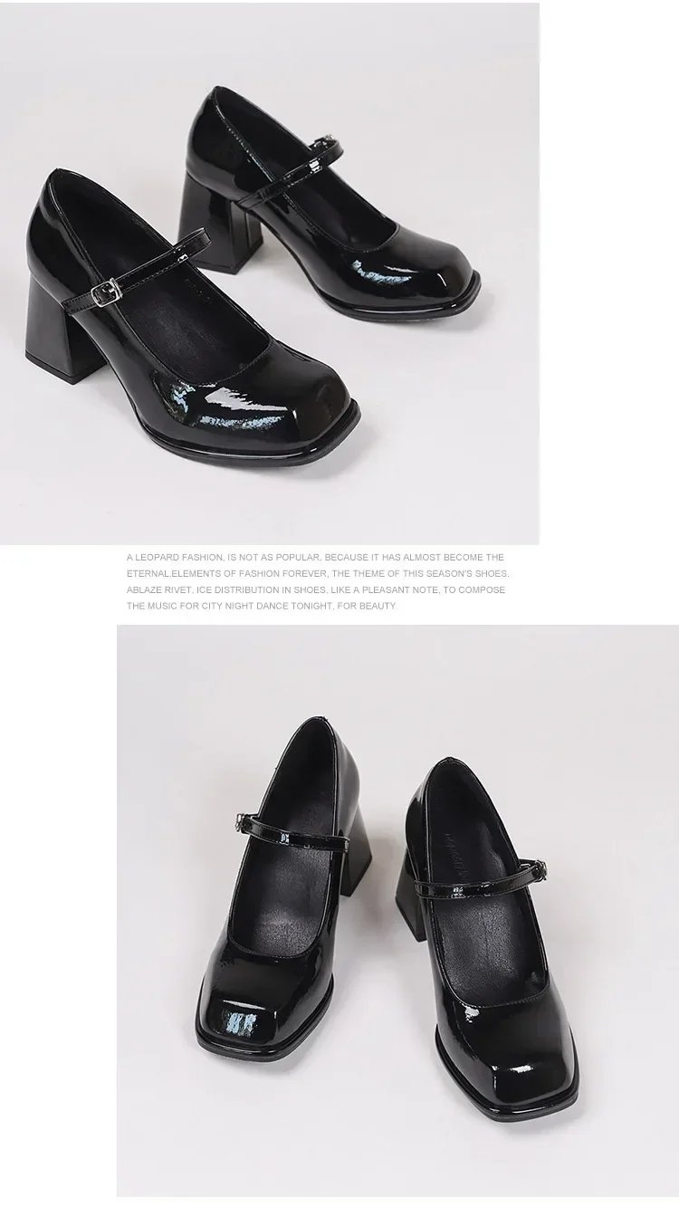 Ladies Summer Black New Small Leather Shoes Mary Janes Vintage Buckle Non-Slip Sandals Woman Medium Heels Casual Elegant Heels