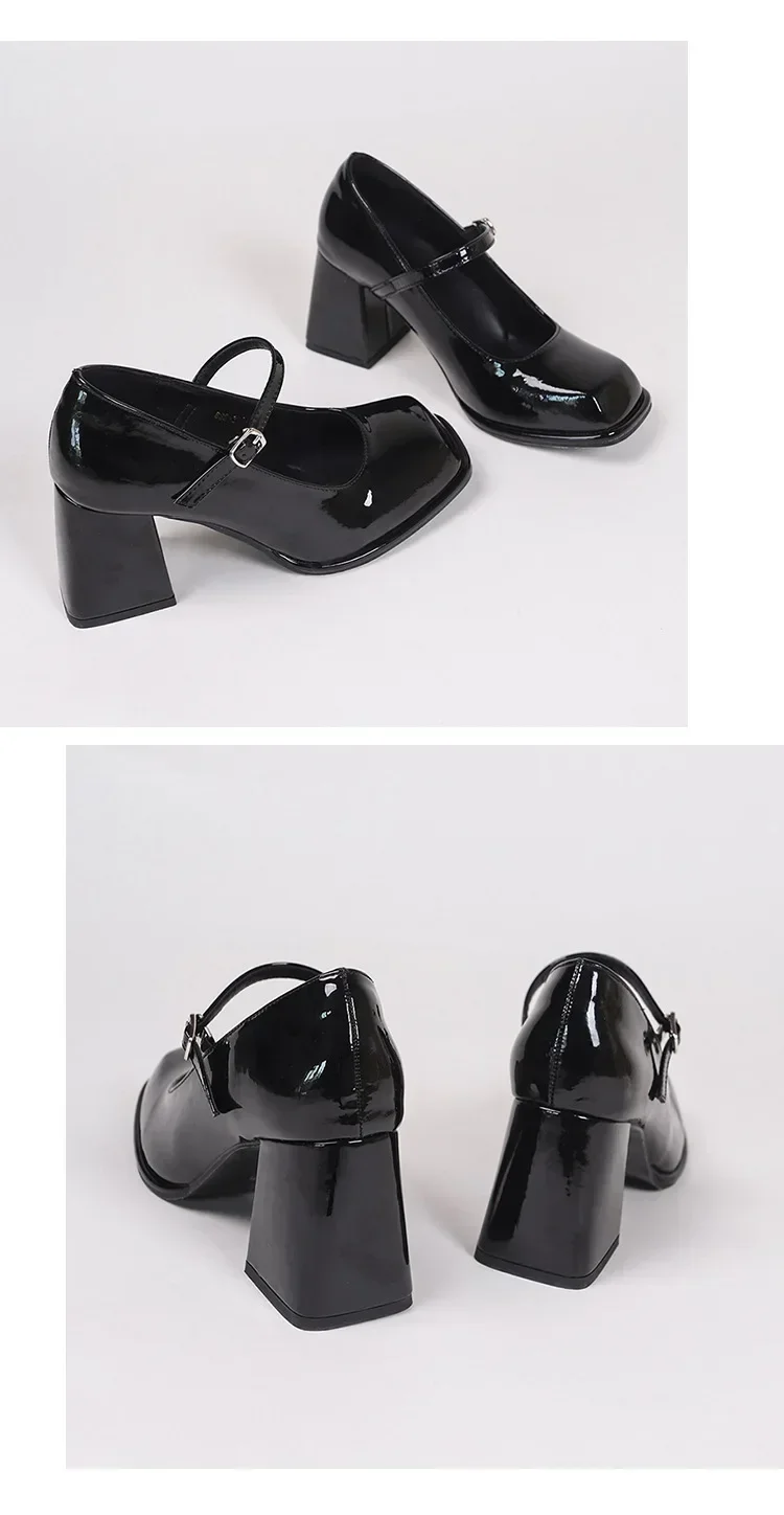 Ladies Summer Black New Small Leather Shoes Mary Janes Vintage Buckle Non-Slip Sandals Woman Medium Heels Casual Elegant Heels