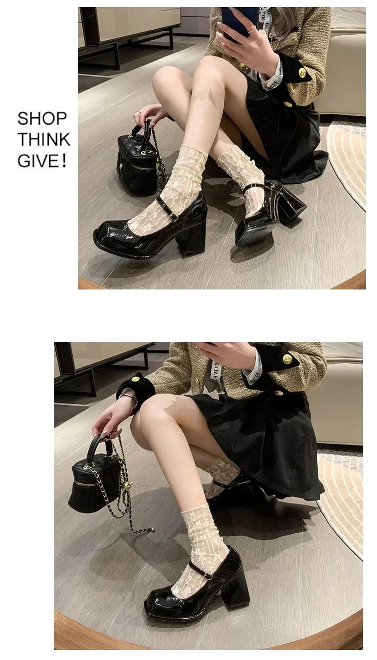 Ladies Summer Black New Small Leather Shoes Mary Janes Vintage Buckle Non-Slip Sandals Woman Medium Heels Casual Elegant Heels