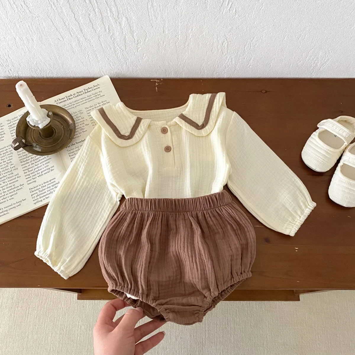 Newborn Baby Girls Boys Autumn Full Sleeve Navy Collar Top Tees Solid Bread Bottoms Infant Kids Pure Cotton Clothing Set 2pcs