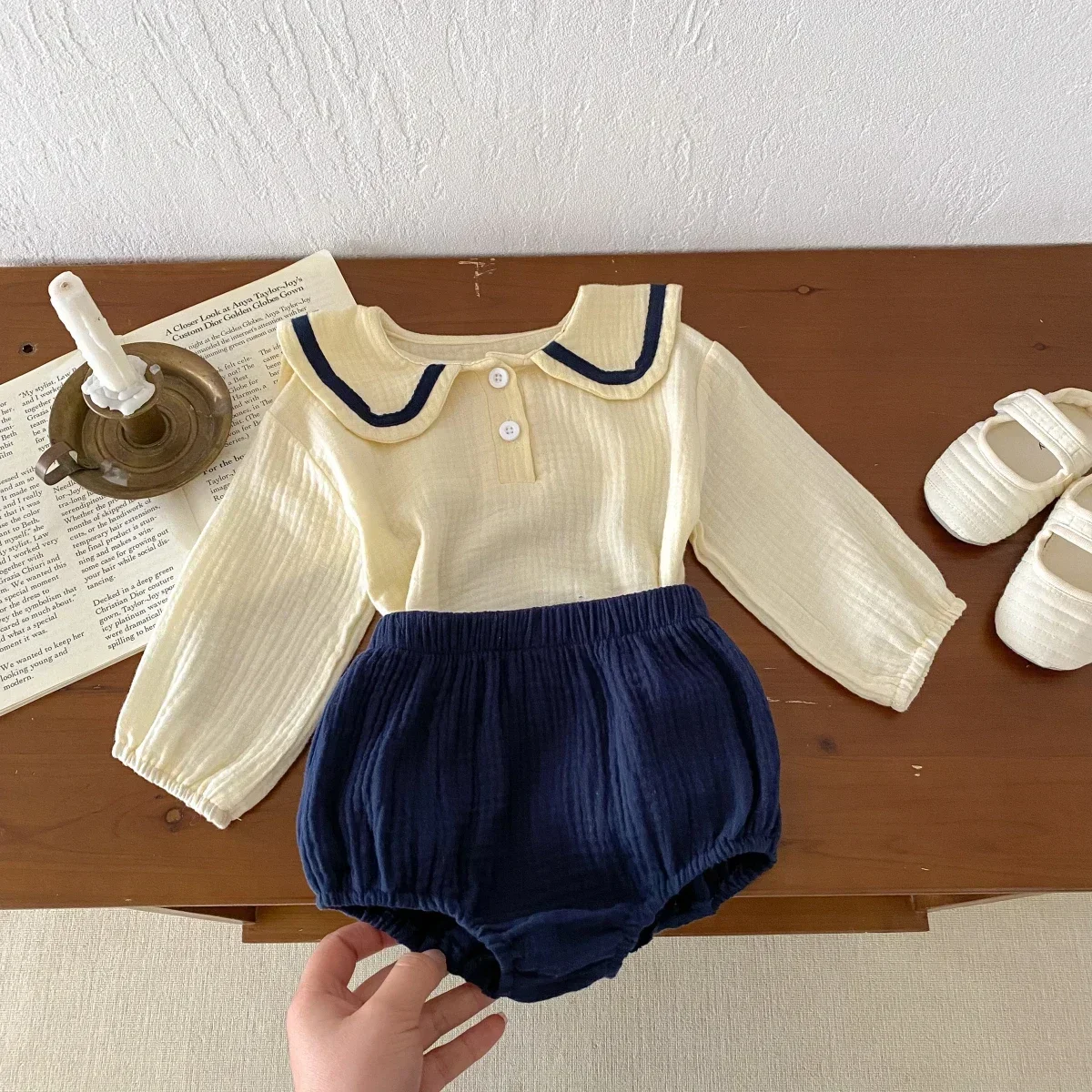 Newborn Baby Girls Boys Autumn Full Sleeve Navy Collar Top Tees Solid Bread Bottoms Infant Kids Pure Cotton Clothing Set 2pcs