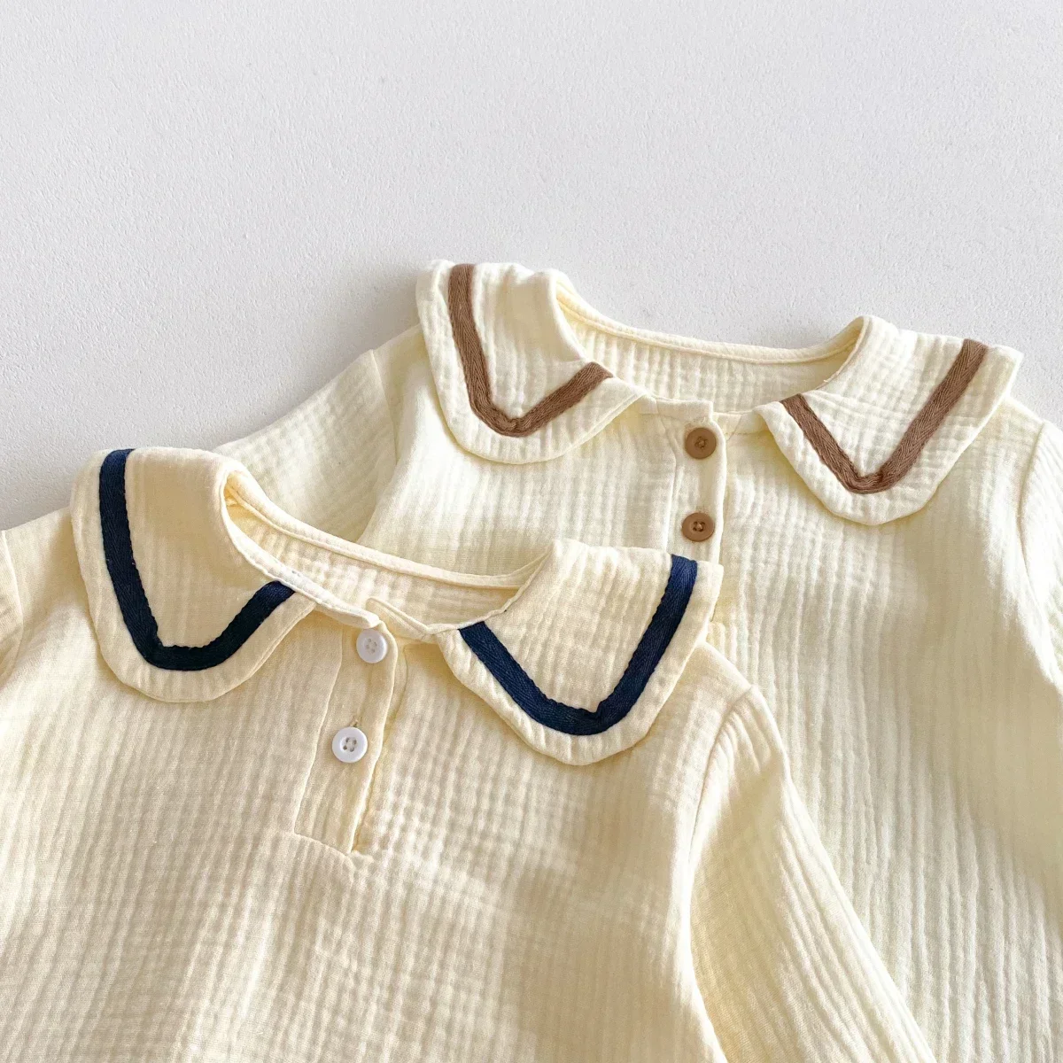 Newborn Baby Girls Boys Autumn Full Sleeve Navy Collar Top Tees Solid Bread Bottoms Infant Kids Pure Cotton Clothing Set 2pcs