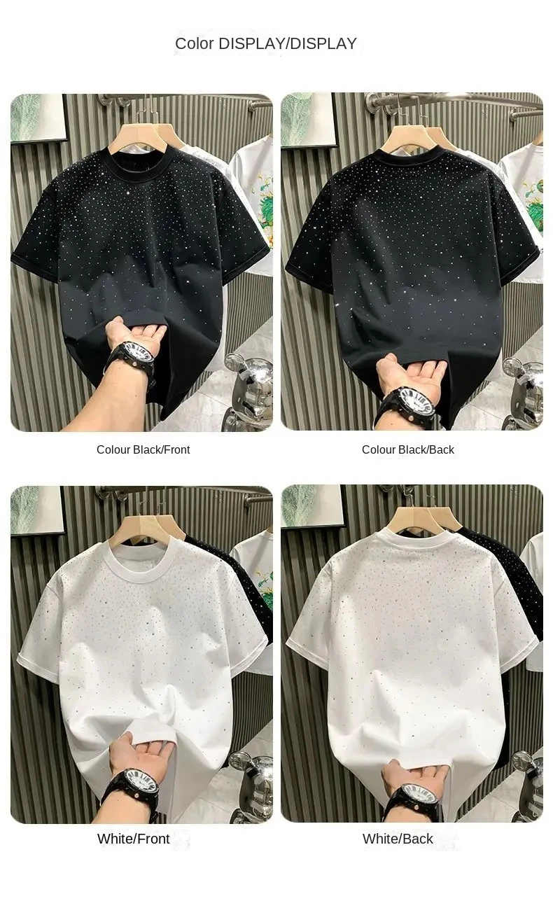 Summer Men Clothing Summer Rhinestone Rivet T-shirt Round Neck Casual T-shirt Korean Version Men's Short Sleeves Tee